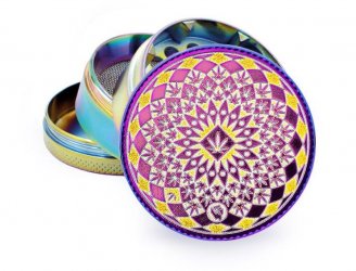 Metall Grinder ICY, 50 mm Ø, 4-teilig, Sieb, Relief: Trance Leaf farbig 